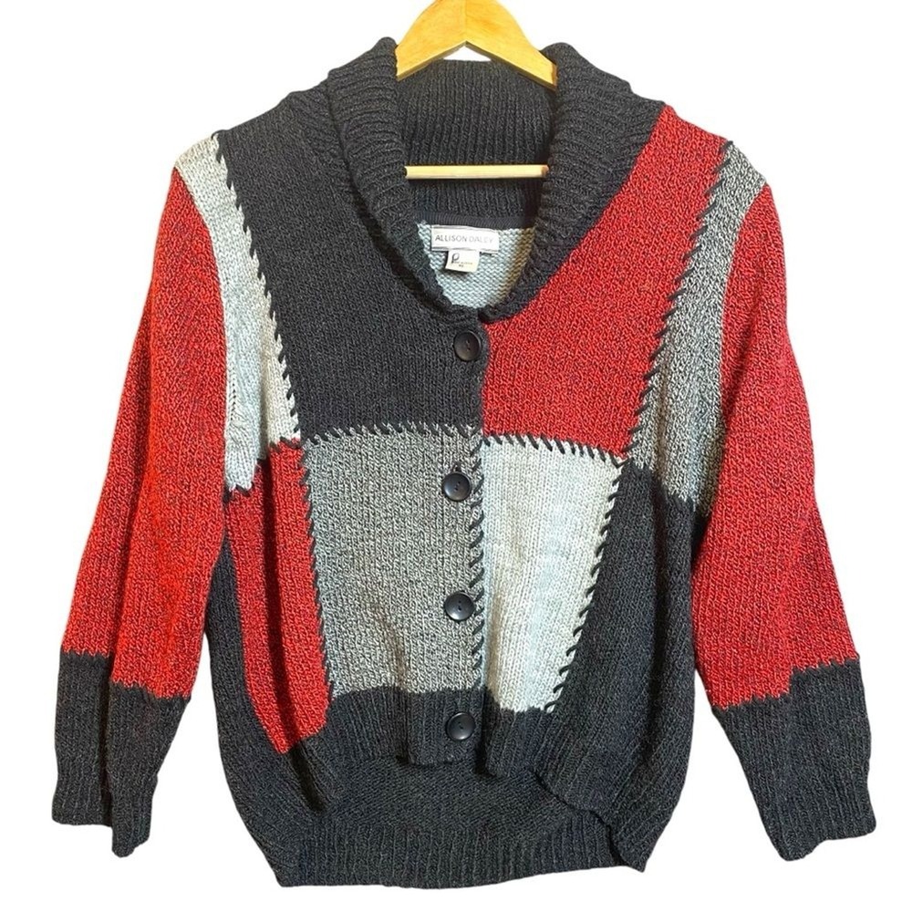 Allison Daley Womens XL Red Grey Patchwork Shawl Collar Button Cardigan Sweater